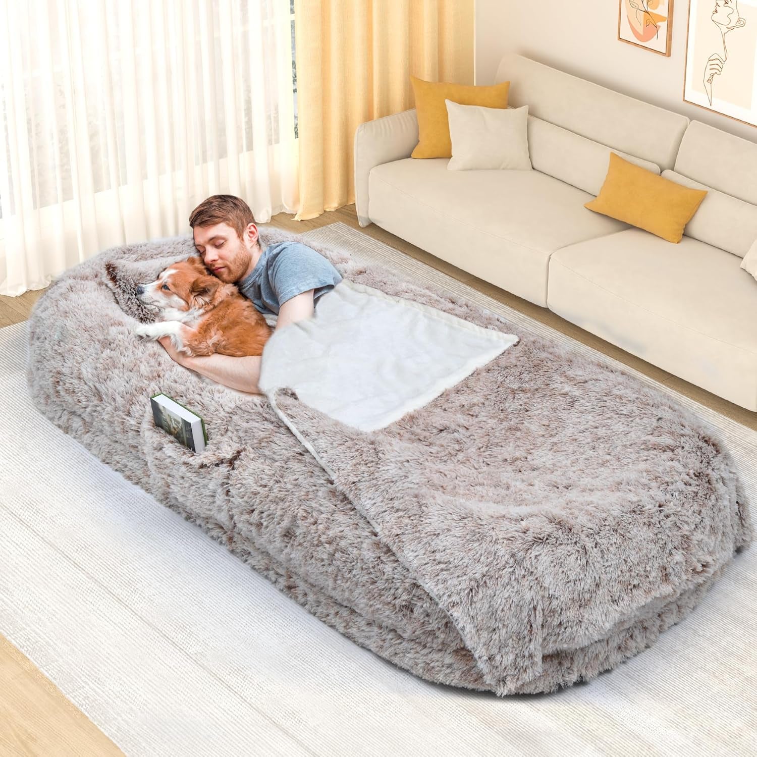 YITAHOME Extra Large Memory Foam Dog Bed - 79"X43" with Blanket & Pillow, Washable Fur Cover in Grey for Ultimate Comfort