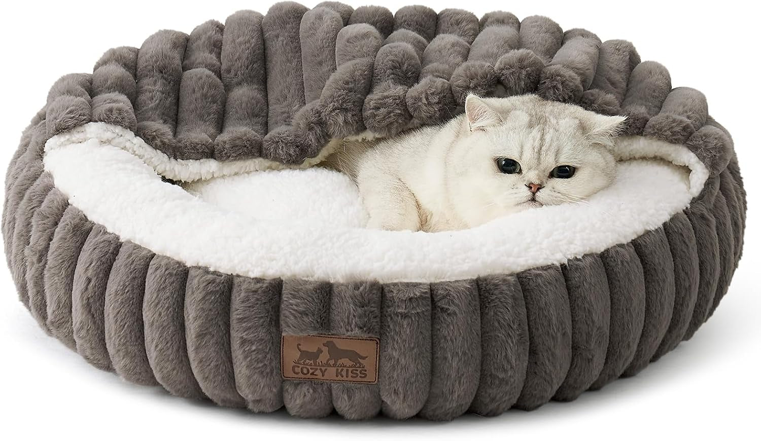 Cozy Kiss Fluffy Donut Cat Bed - 20" Round Hooded Blanket for Cats & Toy Dogs, Anti-Anxiety Faux Fur, Machine Washable, Non-Slip Bottom, Cream