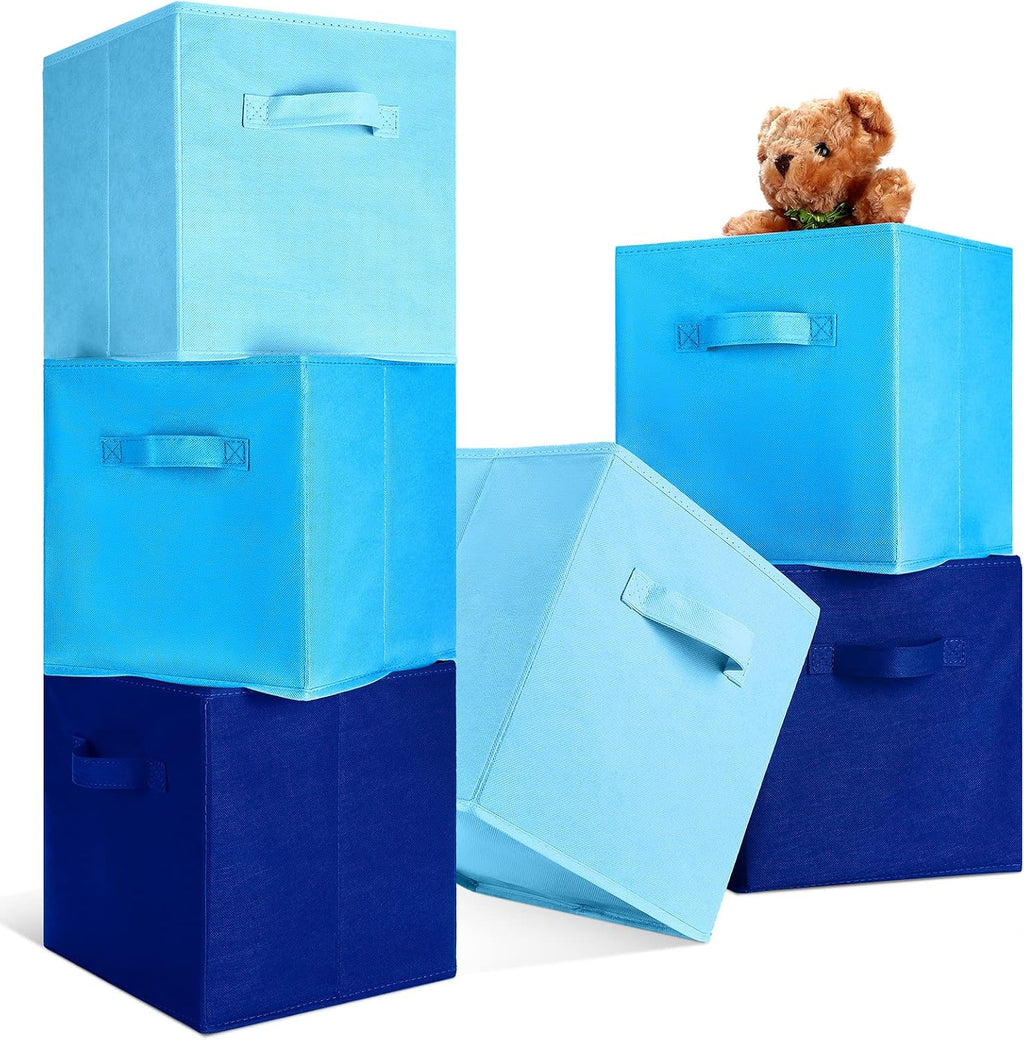 Karenhi 6-Pack Blue Fabric Storage Cube Bins - Collapsible Organizers for Home, Closet & Toys