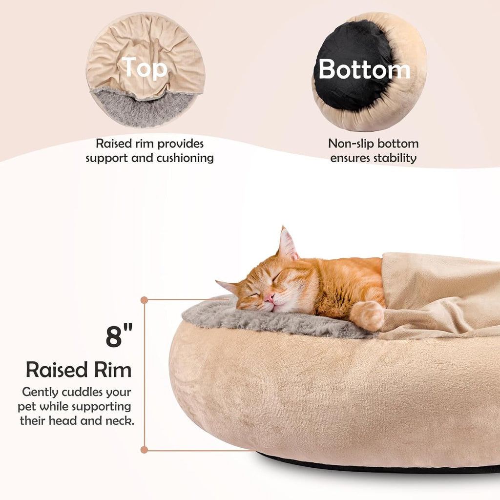 Cozy Cuddler Hooded Pet Bed - Luxury Round Dog & Cat Bed with Anti-Anxiety Burrow Cave, 23 Inch, Machine Washable, Anti-Slip Bottom