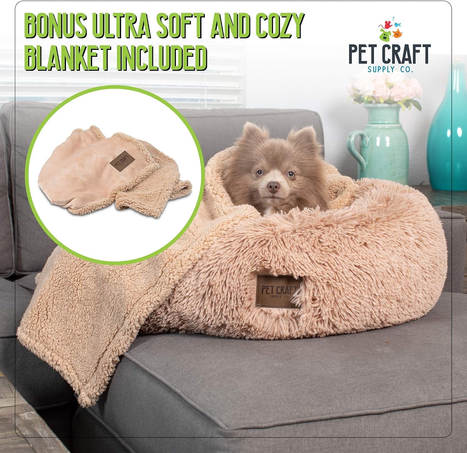 Ultra Plush Calming Anti-Anxiety Pet Bed with Soft Comfort Blanket - Perfect for Medium Dogs, Puppies, and Cats