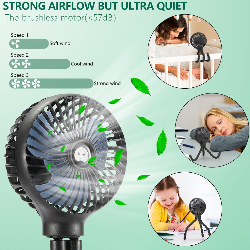 Snawowo Mini Portable Handheld Fan - Versatile USB & Battery Powered Stroller, Car Seat, and Desk Fan with Flexible Tripod for Camping & Travel (Black)