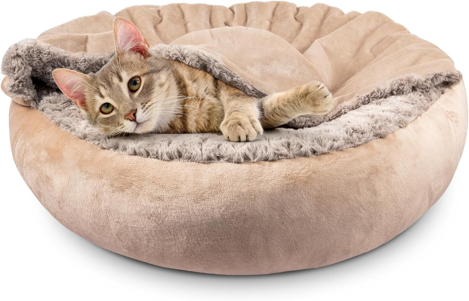 Cozy Cuddler Hooded Pet Bed - Luxury Round Dog & Cat Bed with Anti-Anxiety Burrow Cave, 23 Inch, Machine Washable, Anti-Slip Bottom