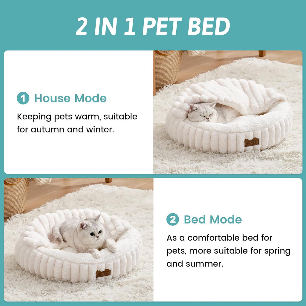 Cozy Kiss Fluffy Donut Cat Bed - 20" Round Hooded Blanket for Cats & Toy Dogs, Anti-Anxiety Faux Fur, Machine Washable, Non-Slip Bottom, Cream