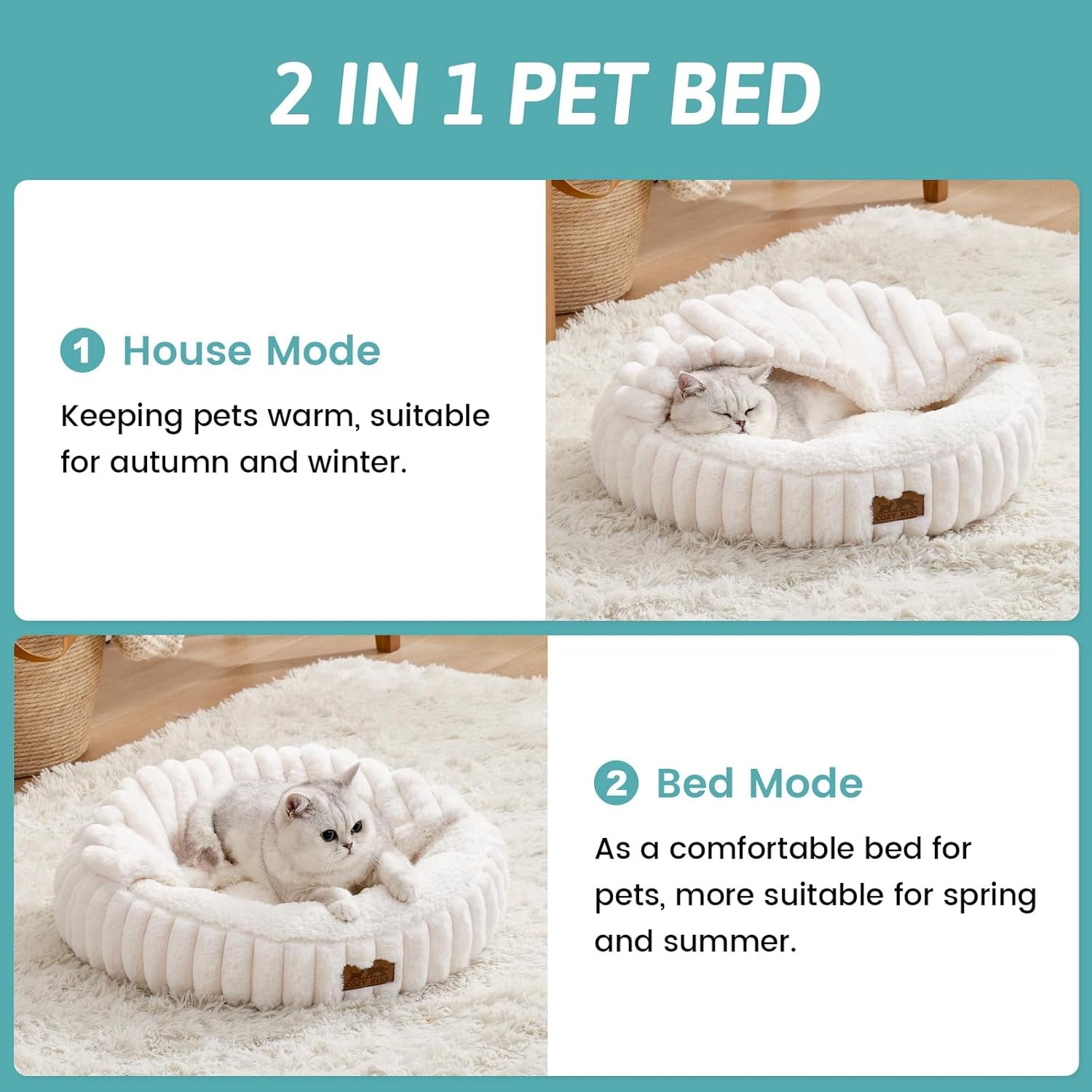 Cozy Kiss Fluffy Donut Cat Bed - 20" Round Hooded Blanket for Cats & Toy Dogs, Anti-Anxiety Faux Fur, Machine Washable, Non-Slip Bottom, Cream