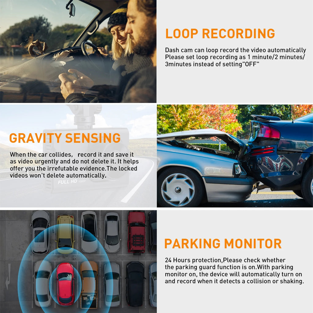 Dual 1080P Full HD Dash Cam with Night Vision, 3-Inch LCD, G-Sensor & Parking Mode - Ultimate Car Safety Solution!
