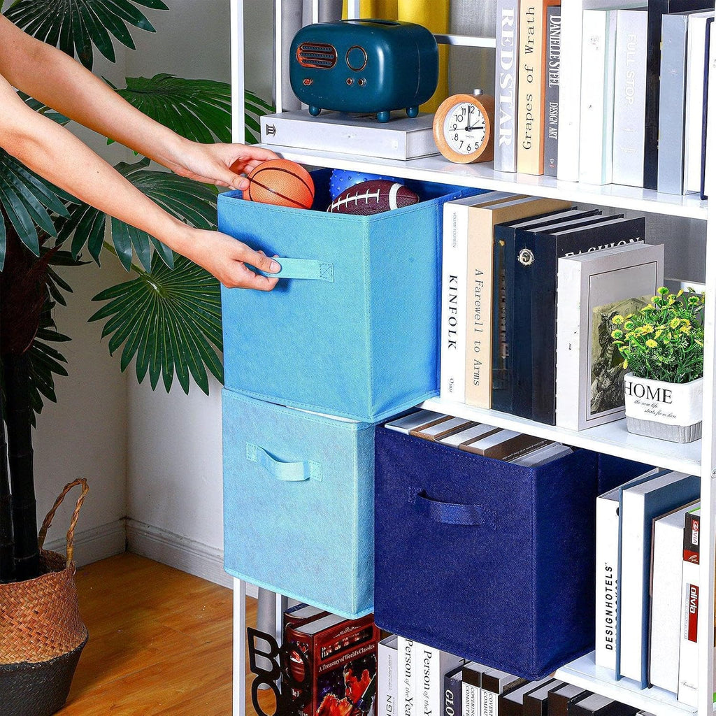 Stylish Blue Storage Cube Bins - 6 Pack Collapsible Fabric Organizers with Handles for Home, Closet & Room Décor