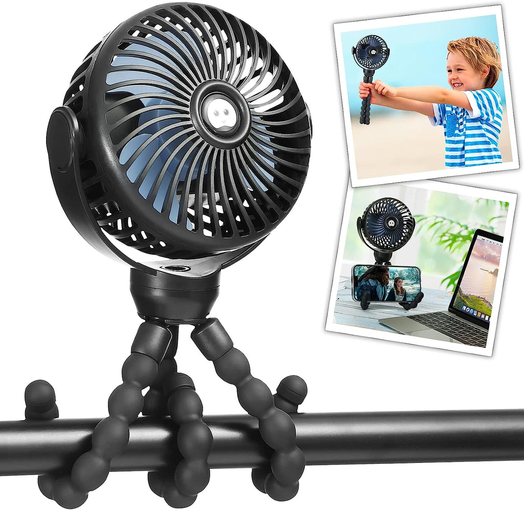 Snawowo Mini Portable Handheld Fan - Versatile USB & Battery Powered Stroller, Car Seat, and Desk Fan with Flexible Tripod for Camping & Travel (Black)