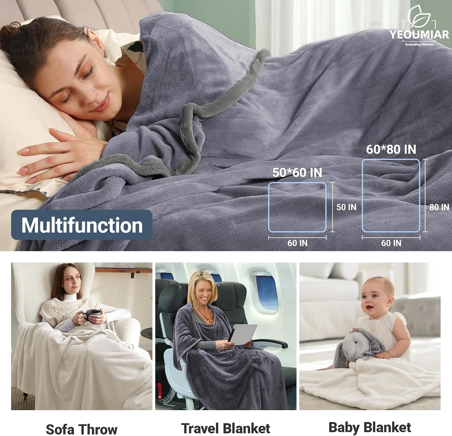 Grounding Blanket 50x60 Inch - Enhance Sleep & Relieve Pain with Conductive Grounding Mat (Gray)