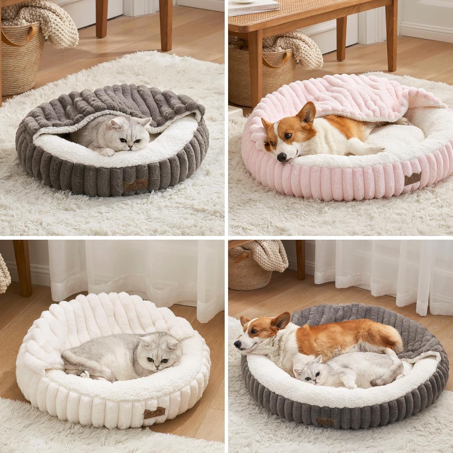 Cozy Kiss Fluffy Donut Cat Bed - 20" Round Hooded Blanket for Cats & Toy Dogs, Anti-Anxiety Faux Fur, Machine Washable, Non-Slip Bottom, Cream