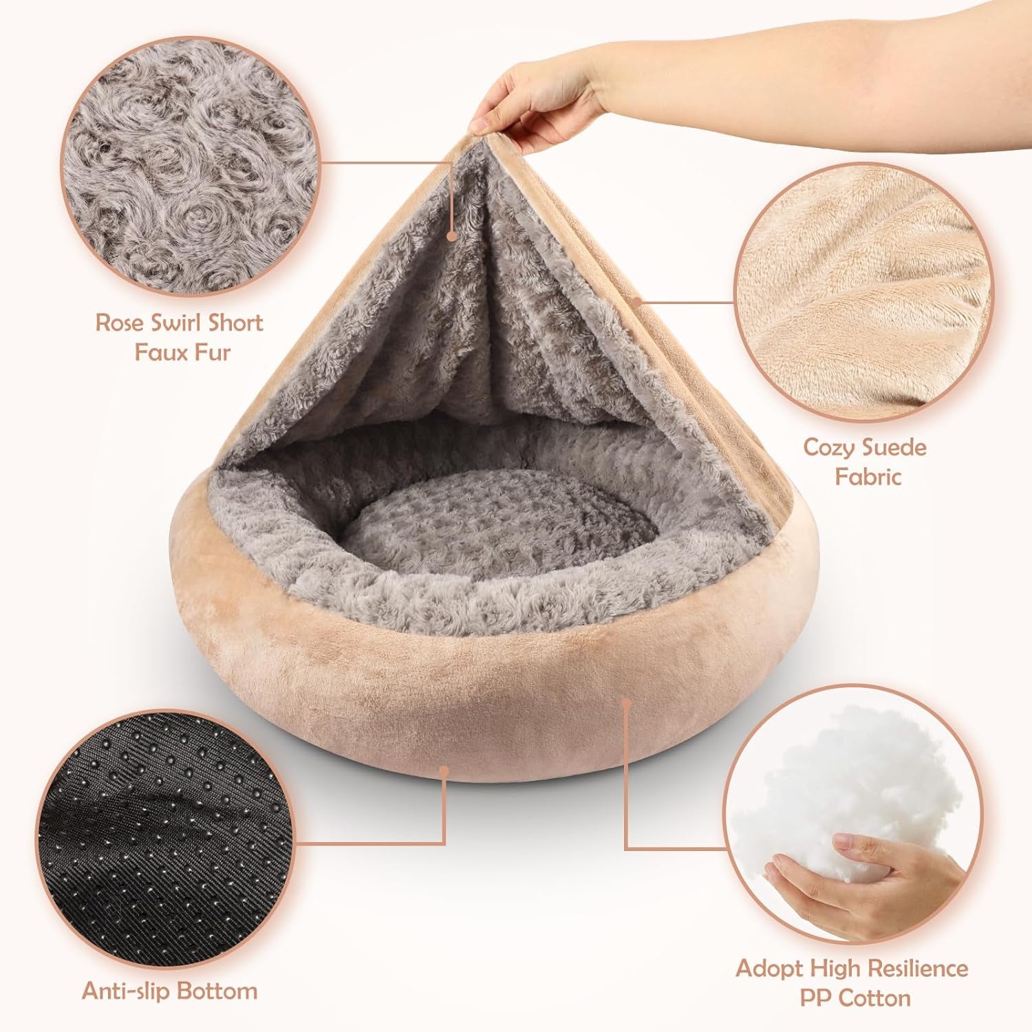 Cozy Cuddler Hooded Pet Bed - Luxury Round Dog & Cat Bed with Anti-Anxiety Burrow Cave, 23 Inch, Machine Washable, Anti-Slip Bottom