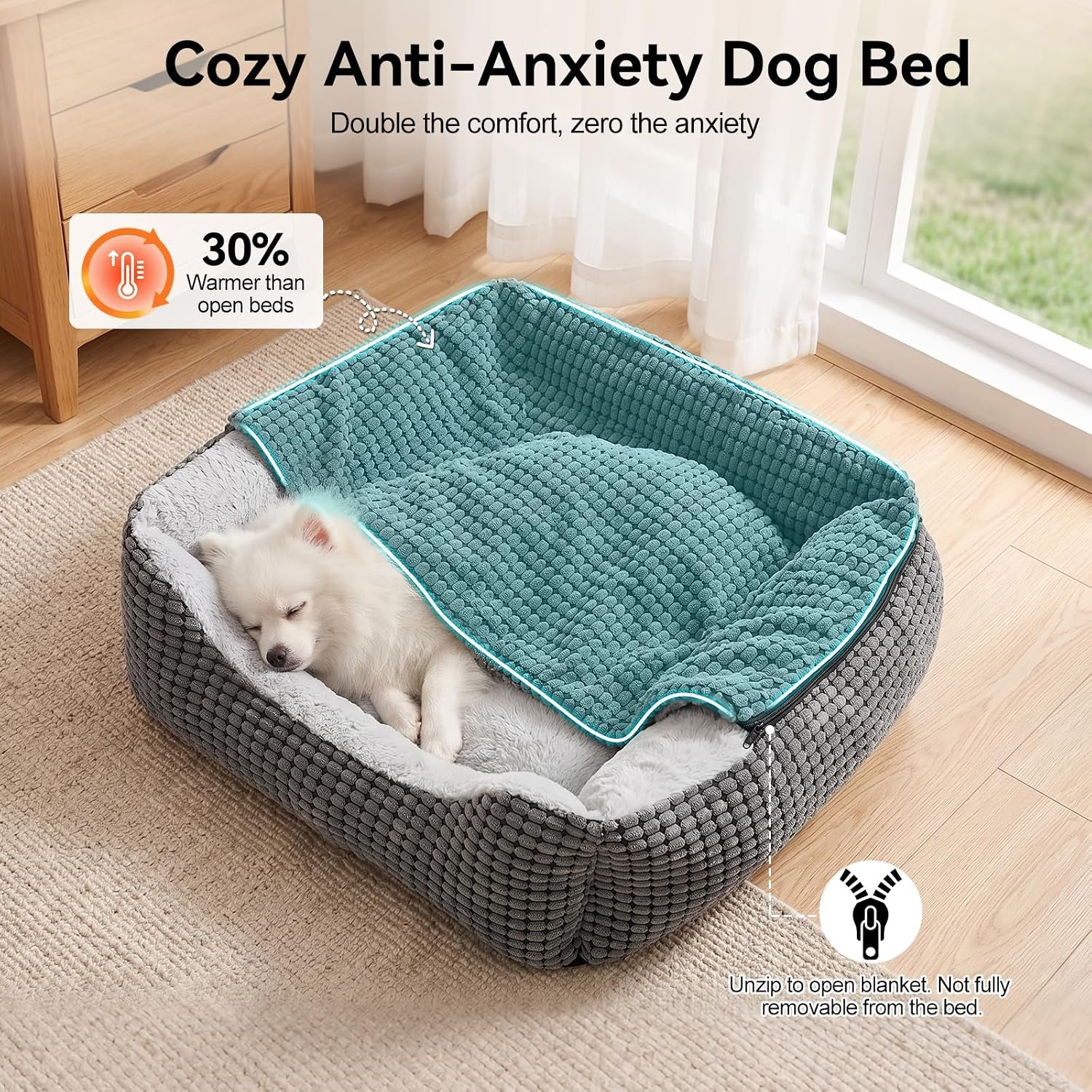 GASUR Luxury Orthopedic Dog & Cat Bed - Cozy Hooded Blanket for All Sizes, Machine Washable, Anti-Anxiety, 30 Inches, Grey