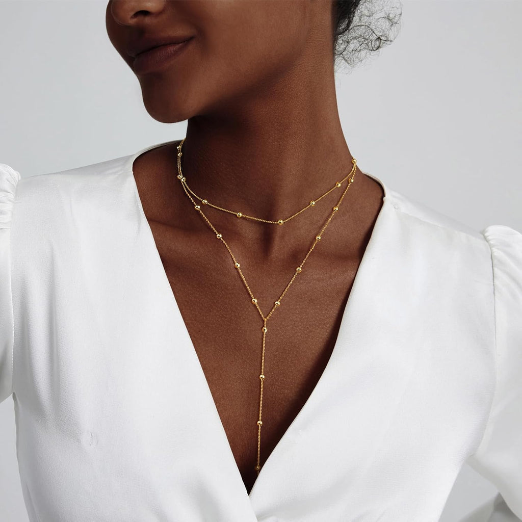 Trendy LULII Gold Lariat Y Necklace for Women - Dainty 14K Gold Plated/Silver Layered Beaded Drop Jewelry Gift