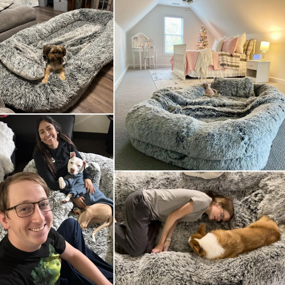YITAHOME Extra Large Memory Foam Dog Bed - 79"X43" with Blanket & Pillow, Washable Fur Cover in Grey for Ultimate Comfort