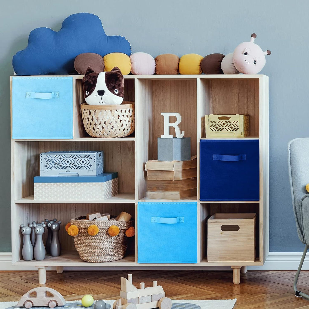 Stylish Blue Storage Cube Bins - 6 Pack Collapsible Fabric Organizers with Handles for Home, Closet & Room Décor