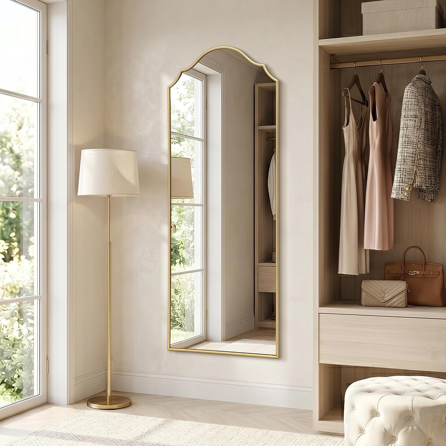 Besdomus Gold Arched Full Length Mirror - 21"X56" Minimalist Wooden Frame for Stylish Home Decor in Bedroom, Entryway, and Living Room