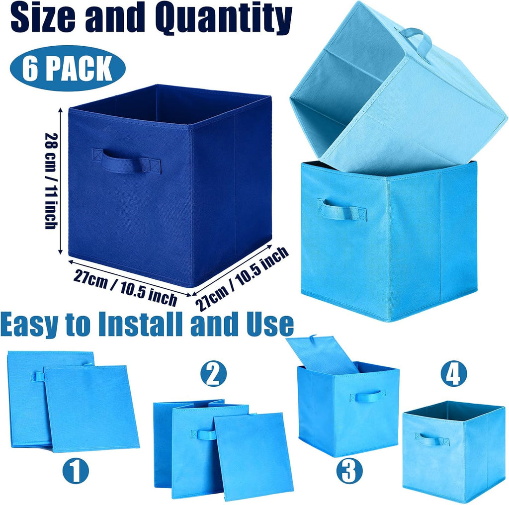 Stylish Blue Storage Cube Bins - 6 Pack Collapsible Fabric Organizers with Handles for Home, Closet & Room Décor