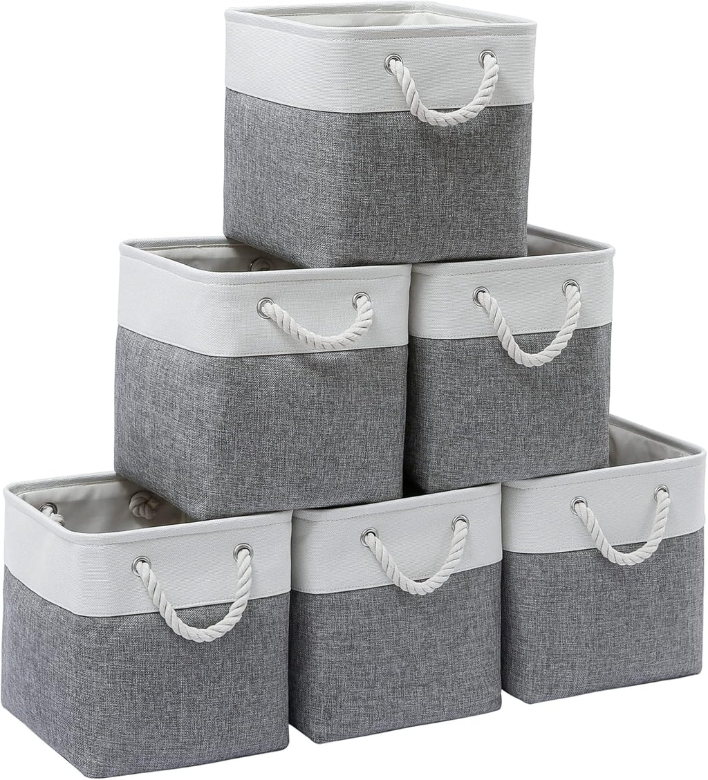 Stylish 6-Pack 11"x11" Collapsible Fabric Storage Bins - Versatile White & Grey Organizers for Home, Office, Closet, and Toys