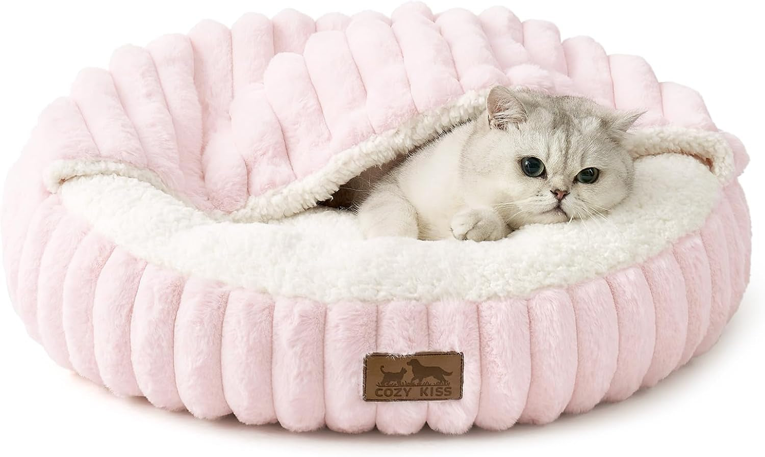 Cozy Kiss Fluffy Donut Cat Bed - 20" Round Hooded Blanket for Cats & Toy Dogs, Anti-Anxiety Faux Fur, Machine Washable, Non-Slip Bottom, Cream