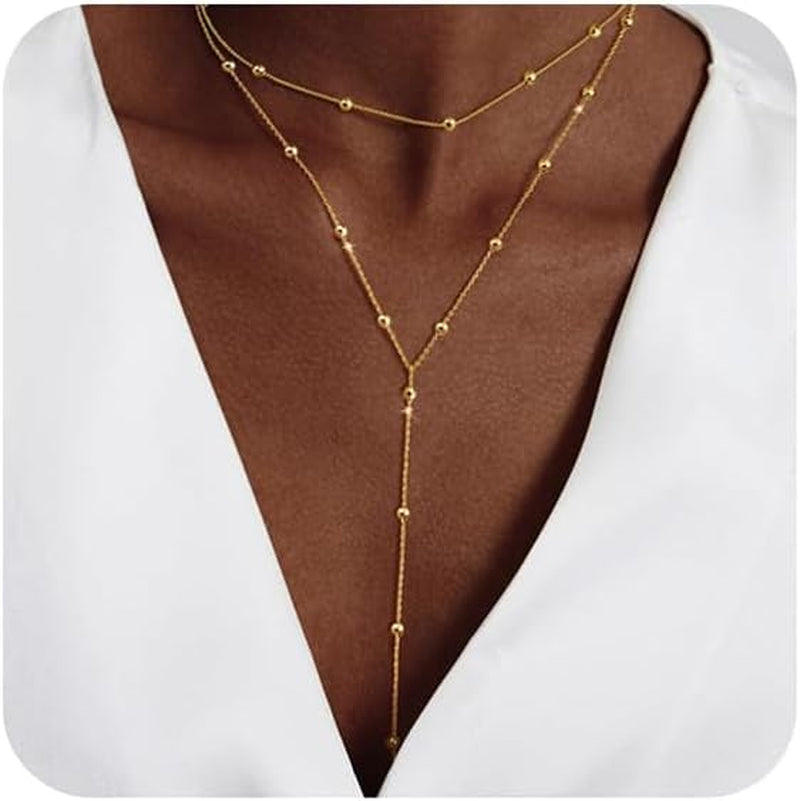 Trendy LULII Gold Lariat Y Necklace for Women - Dainty 14K Gold Plated/Silver Layered Beaded Drop Jewelry Gift