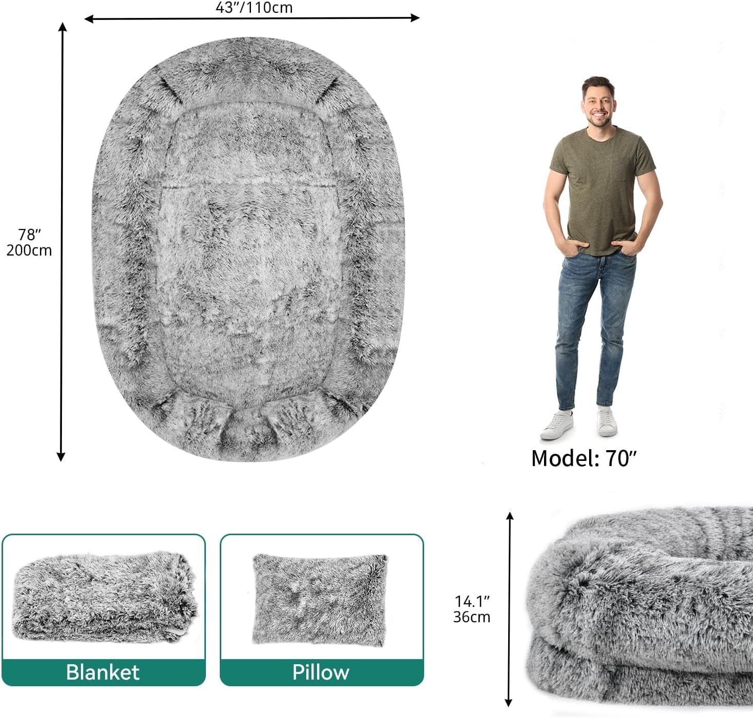 YITAHOME Extra Large Memory Foam Dog Bed - 79"X43" with Blanket & Pillow, Washable Fur Cover in Grey for Ultimate Comfort