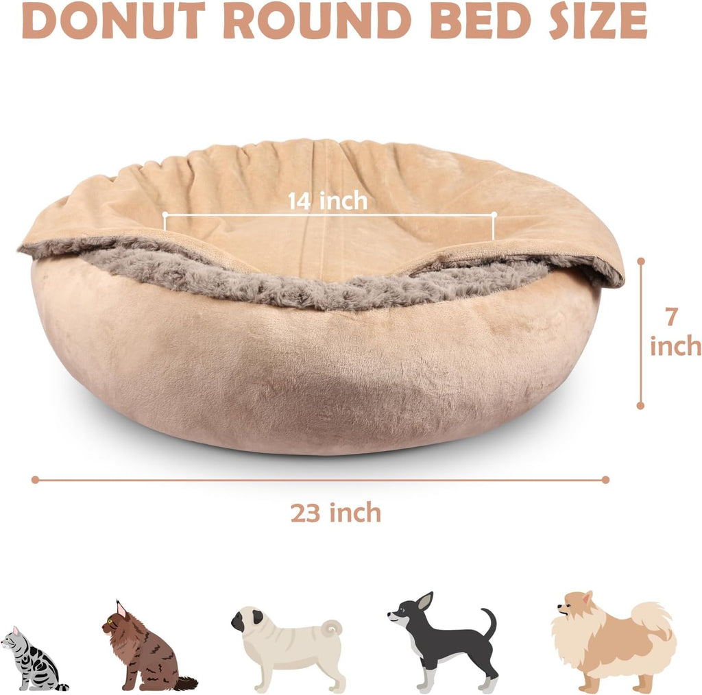 Cozy Cuddler Hooded Pet Bed - Luxury Round Dog & Cat Bed with Anti-Anxiety Burrow Cave, 23 Inch, Machine Washable, Anti-Slip Bottom