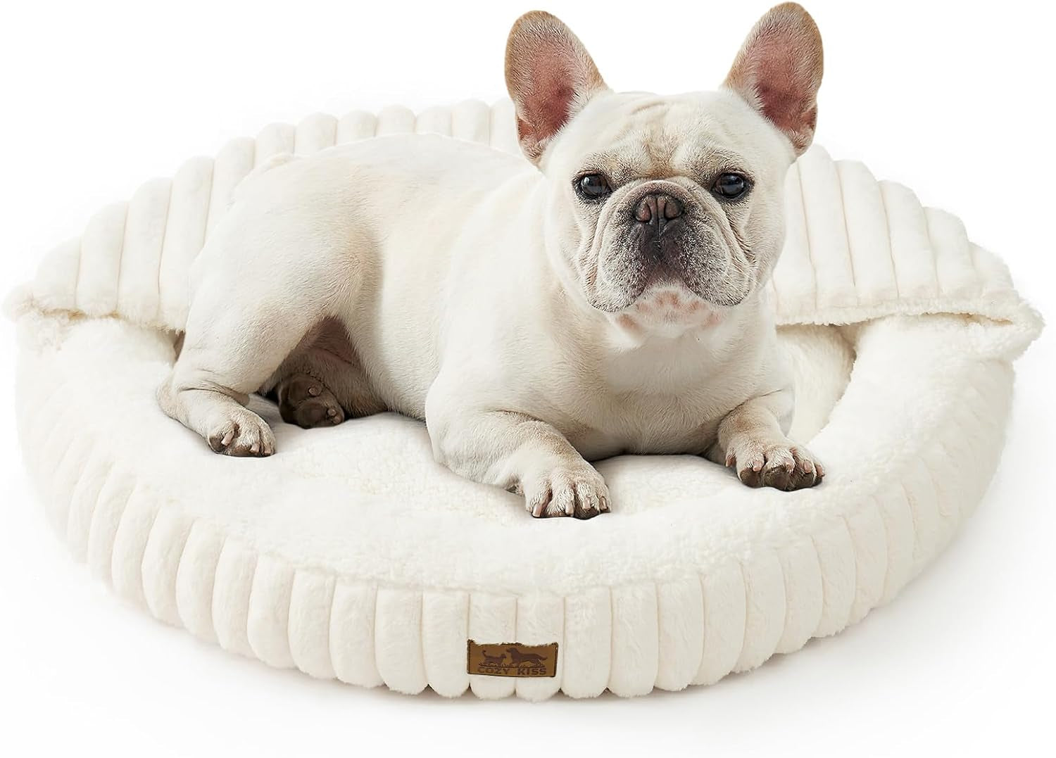 Cozy Kiss Fluffy Donut Cat Bed - 20" Round Hooded Blanket for Cats & Toy Dogs, Anti-Anxiety Faux Fur, Machine Washable, Non-Slip Bottom, Cream
