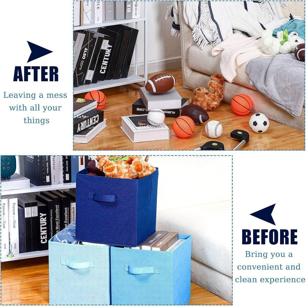 Stylish Blue Storage Cube Bins - 6 Pack Collapsible Fabric Organizers with Handles for Home, Closet & Room Décor