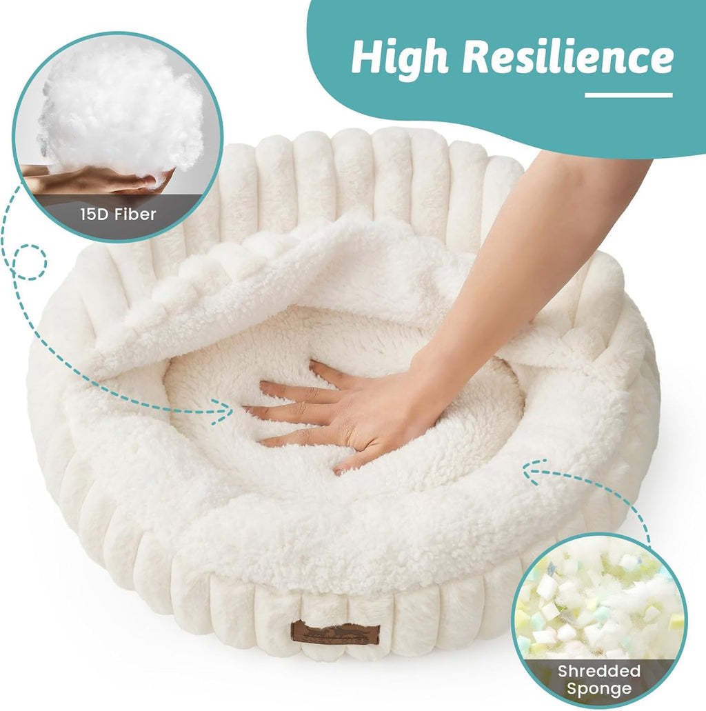 Cozy Kiss Fluffy Donut Cat Bed - 20" Round Hooded Blanket for Cats & Toy Dogs, Anti-Anxiety Faux Fur, Machine Washable, Non-Slip Bottom, Cream