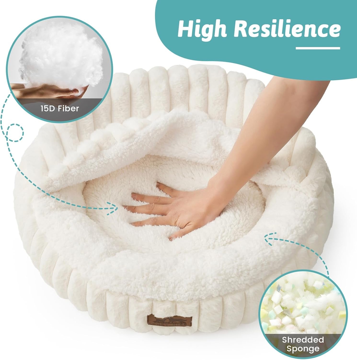 Cozy Kiss Fluffy Donut Cat Bed - 20" Round Hooded Blanket for Cats & Toy Dogs, Anti-Anxiety Faux Fur, Machine Washable, Non-Slip Bottom, Cream