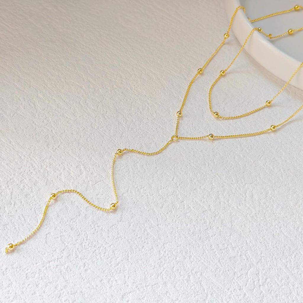 Trendy LULII Gold Lariat Y Necklace for Women - Dainty 14K Gold Plated/Silver Layered Beaded Drop Jewelry Gift