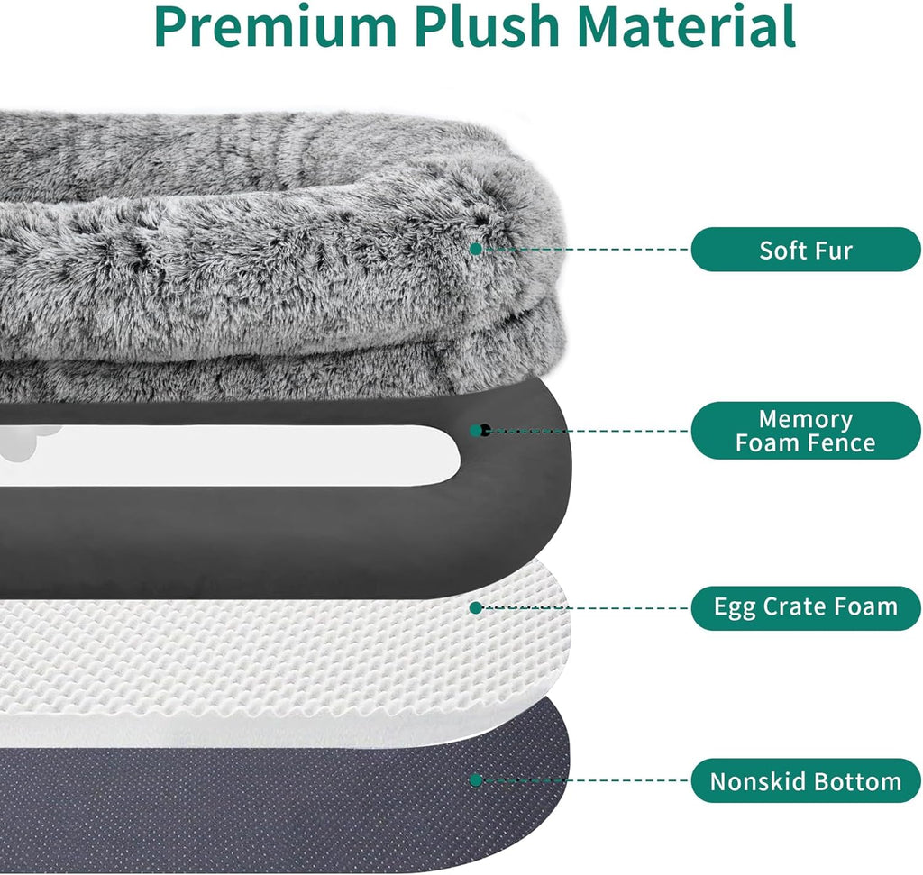 YITAHOME Extra Large Memory Foam Dog Bed - 79"X43" with Blanket & Pillow, Washable Fur Cover in Grey for Ultimate Comfort