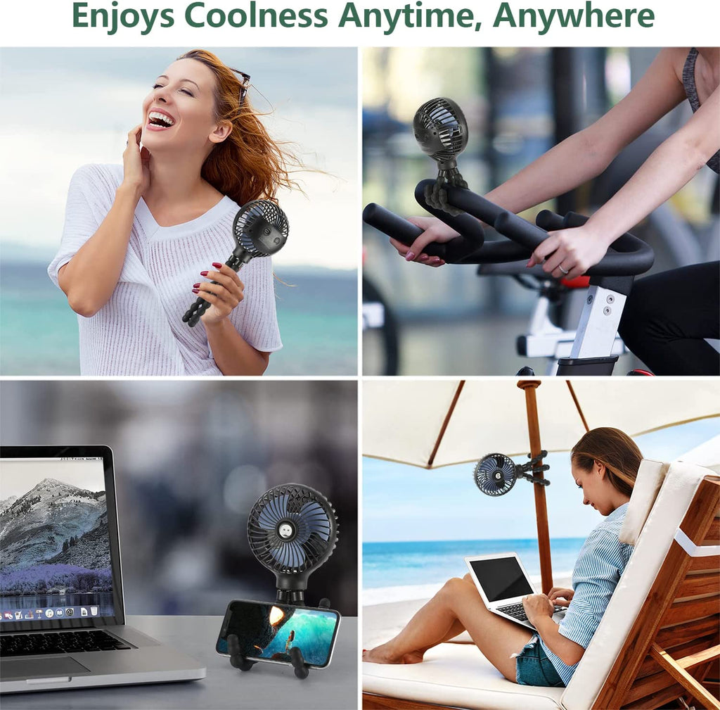 Snawowo Mini Portable Handheld Fan - Versatile USB & Battery Powered Stroller, Car Seat, and Desk Fan with Flexible Tripod for Camping & Travel (Black)