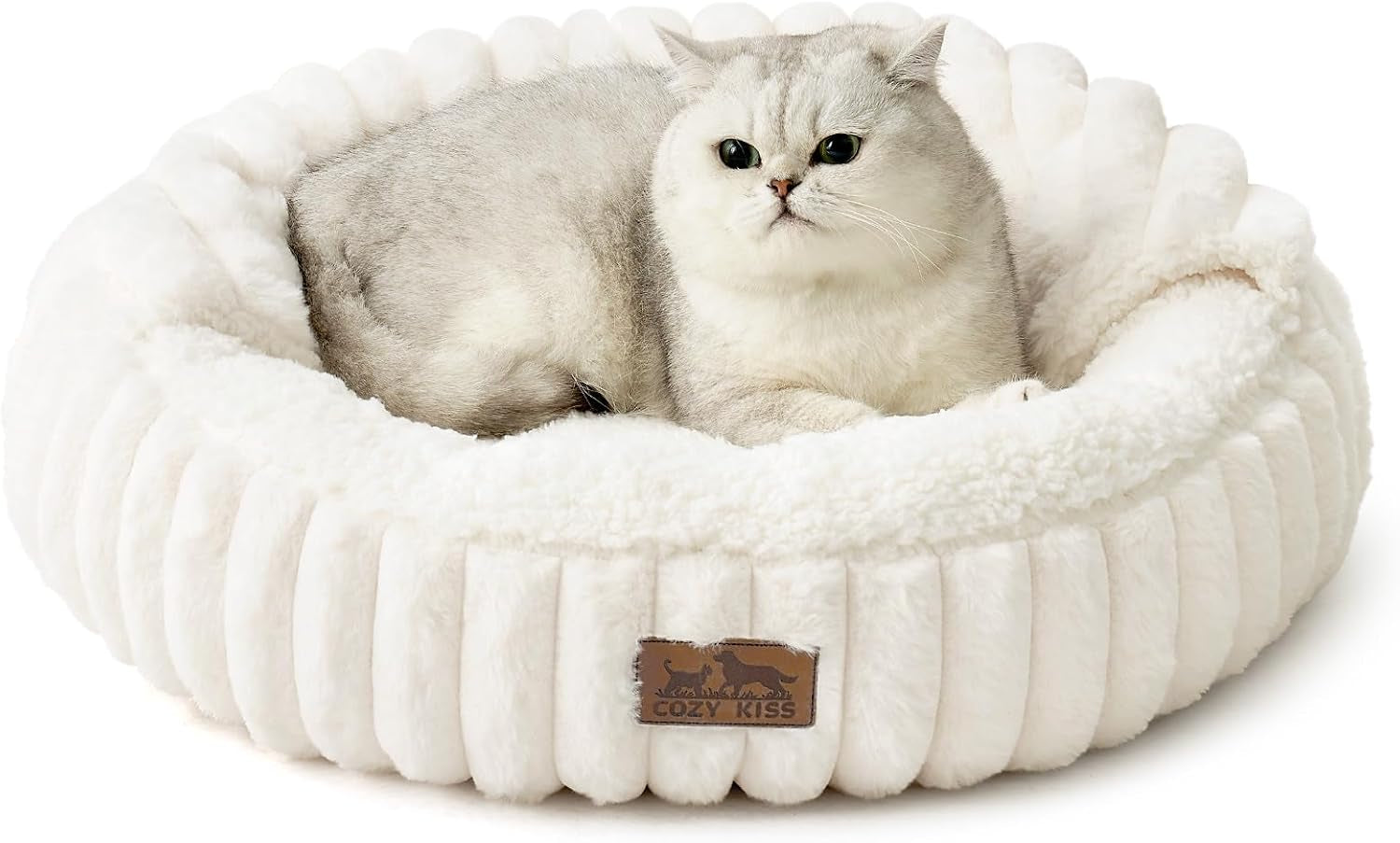 Cozy Kiss Fluffy Donut Cat Bed - 20" Round Hooded Blanket for Cats & Toy Dogs, Anti-Anxiety Faux Fur, Machine Washable, Non-Slip Bottom, Cream
