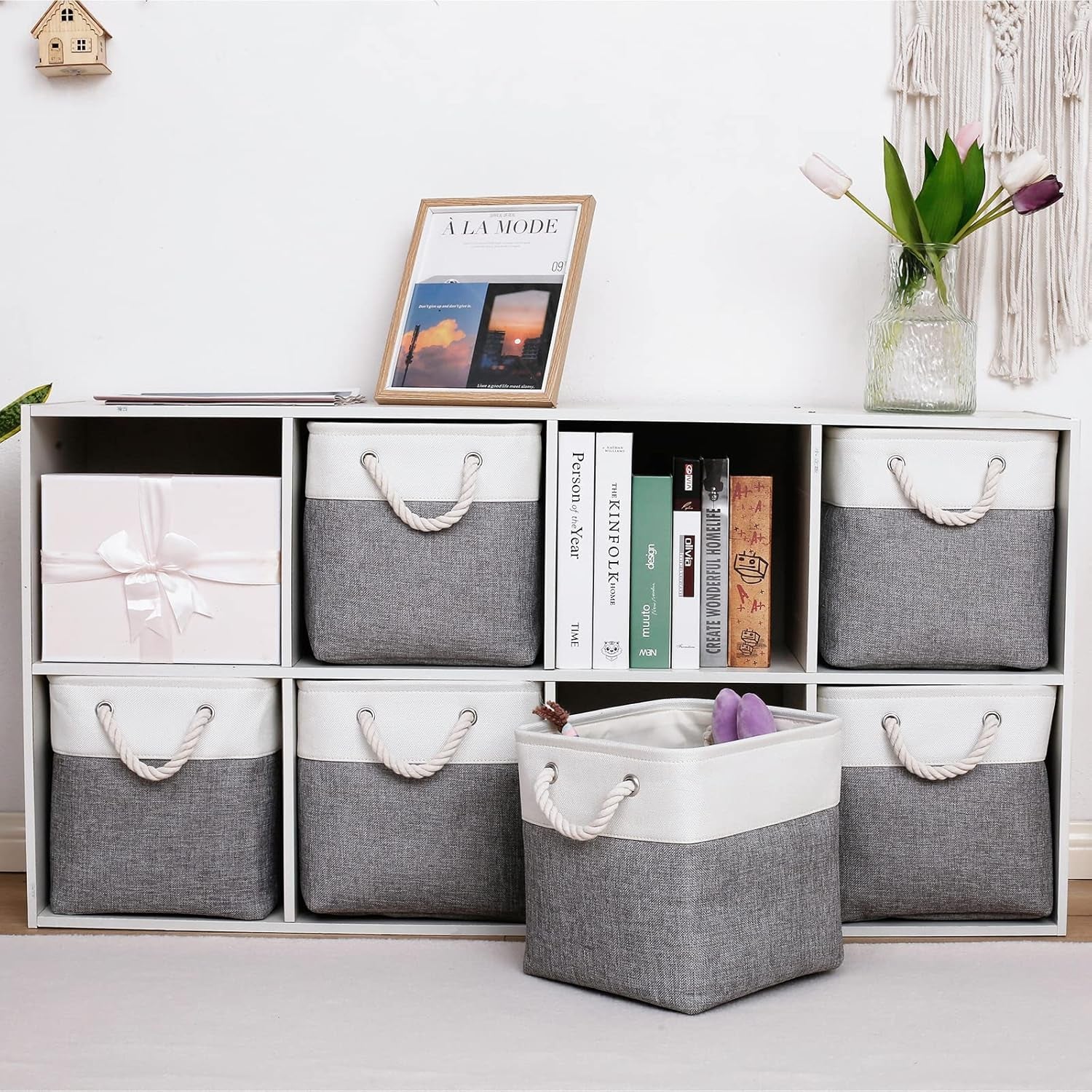 Stylish 6-Pack 11"x11" Collapsible Fabric Storage Bins - Versatile White & Grey Organizers for Home, Office, Closet, and Toys