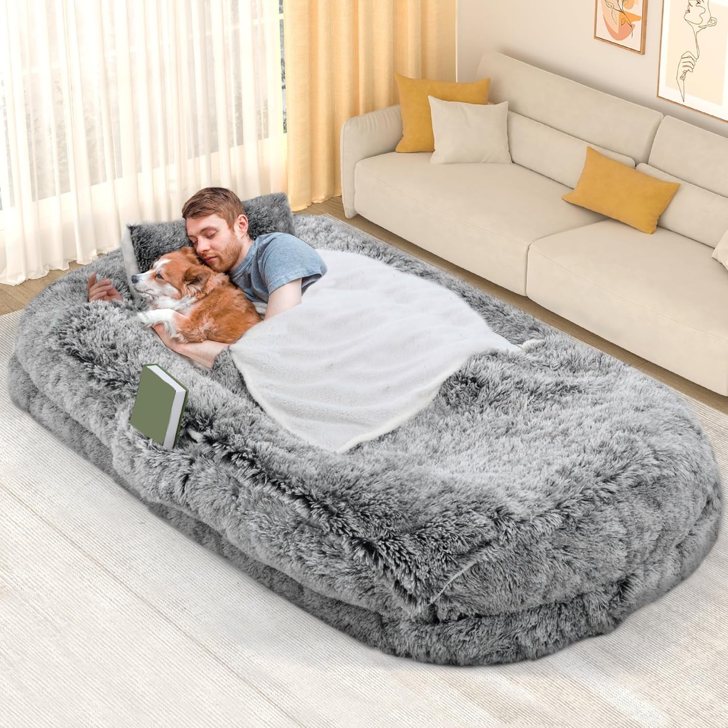 YITAHOME Extra Large Memory Foam Dog Bed - 79"X43" with Blanket & Pillow, Washable Fur Cover in Grey for Ultimate Comfort