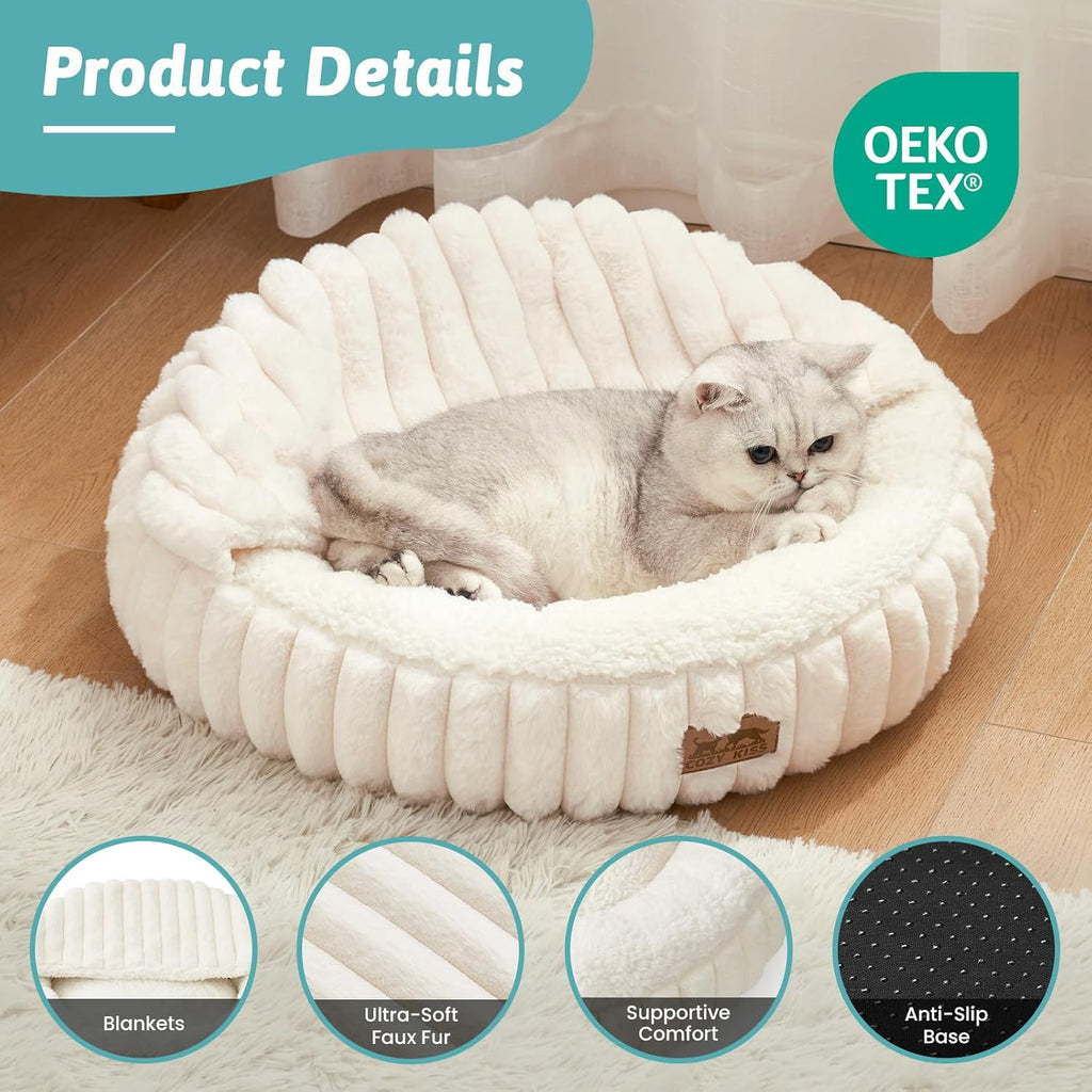 Cozy Kiss Fluffy Donut Cat Bed - 20" Round Hooded Blanket for Cats & Toy Dogs, Anti-Anxiety Faux Fur, Machine Washable, Non-Slip Bottom, Cream