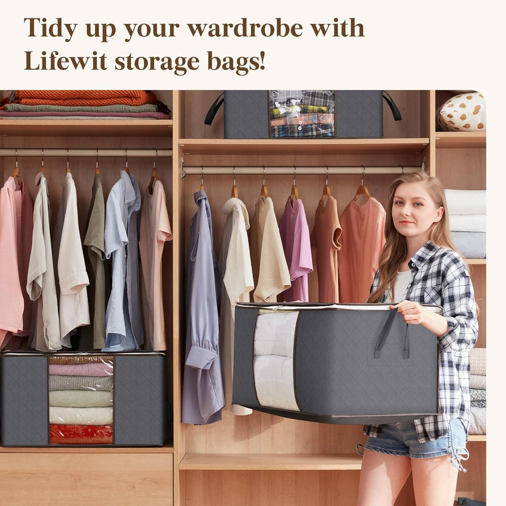 Lifewit 6 Pack Clothes Storage Bins with Lids, Foldable Blanket Storage Bags with Zippers, Clear Window and Reinforced Handles, Closet and Organization for Clothing, Sweater, Comforter, Bedding