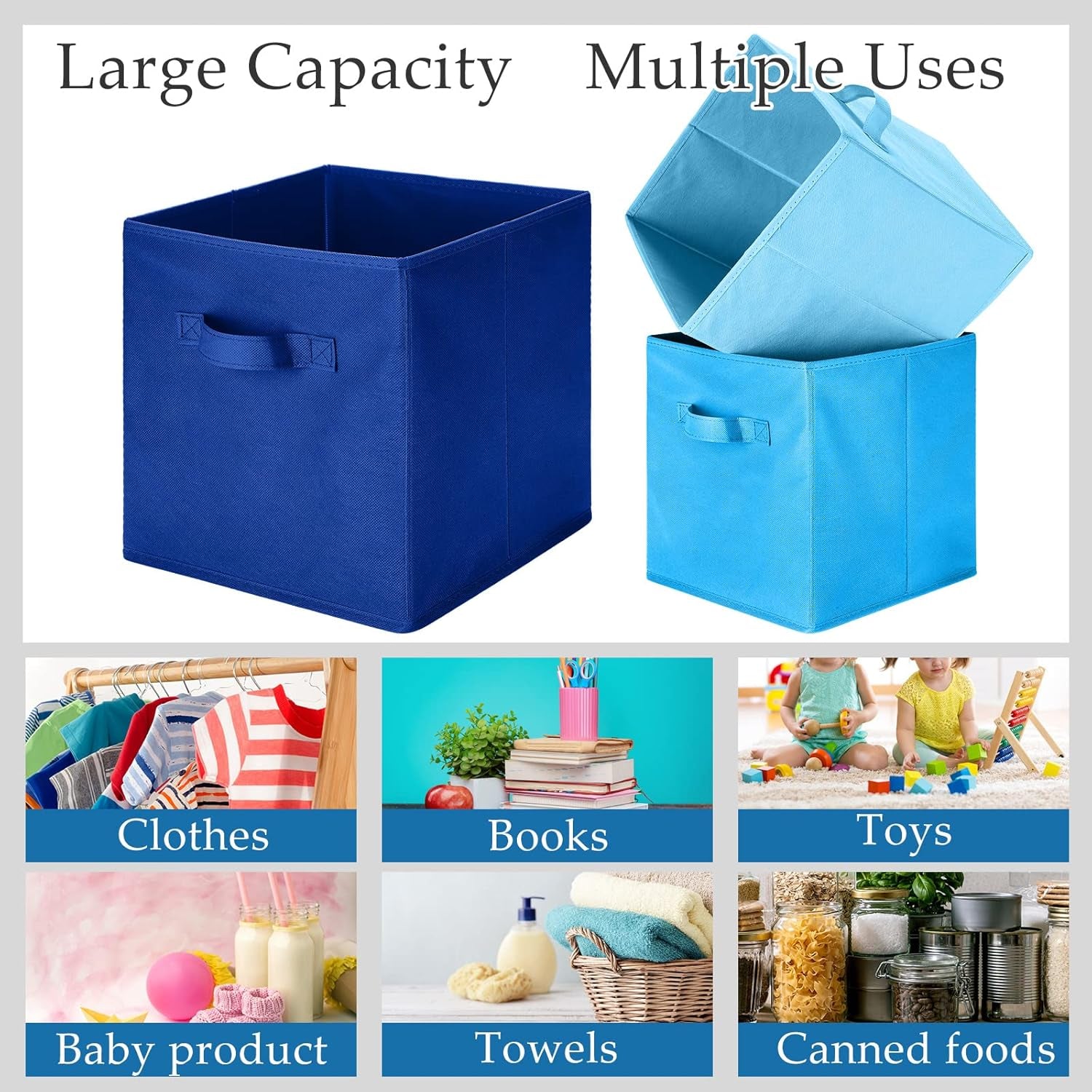Karenhi 6-Pack Blue Fabric Storage Cube Bins - Collapsible Organizers for Home, Closet & Toys