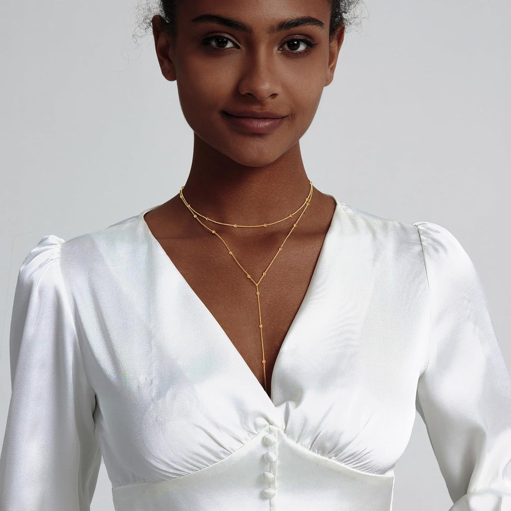 Trendy LULII Gold Lariat Y Necklace for Women - Dainty 14K Gold Plated/Silver Layered Beaded Drop Jewelry Gift