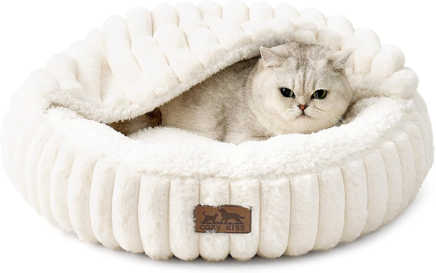 Cozy Kiss Fluffy Donut Cat Bed - 20" Round Hooded Blanket for Cats & Toy Dogs, Anti-Anxiety Faux Fur, Machine Washable, Non-Slip Bottom, Cream