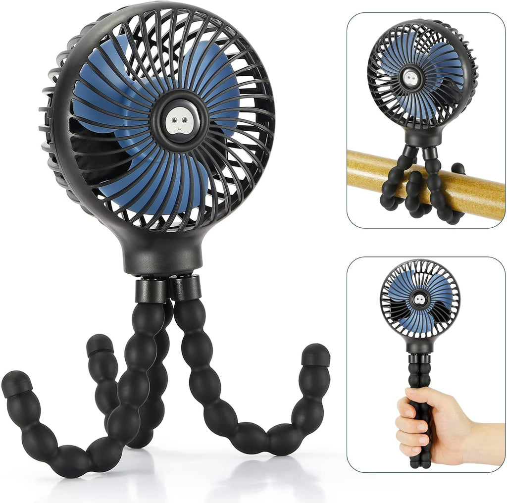 Snawowo Mini Portable Handheld Fan - Versatile USB & Battery Powered Stroller, Car Seat, and Desk Fan with Flexible Tripod for Camping & Travel (Black)