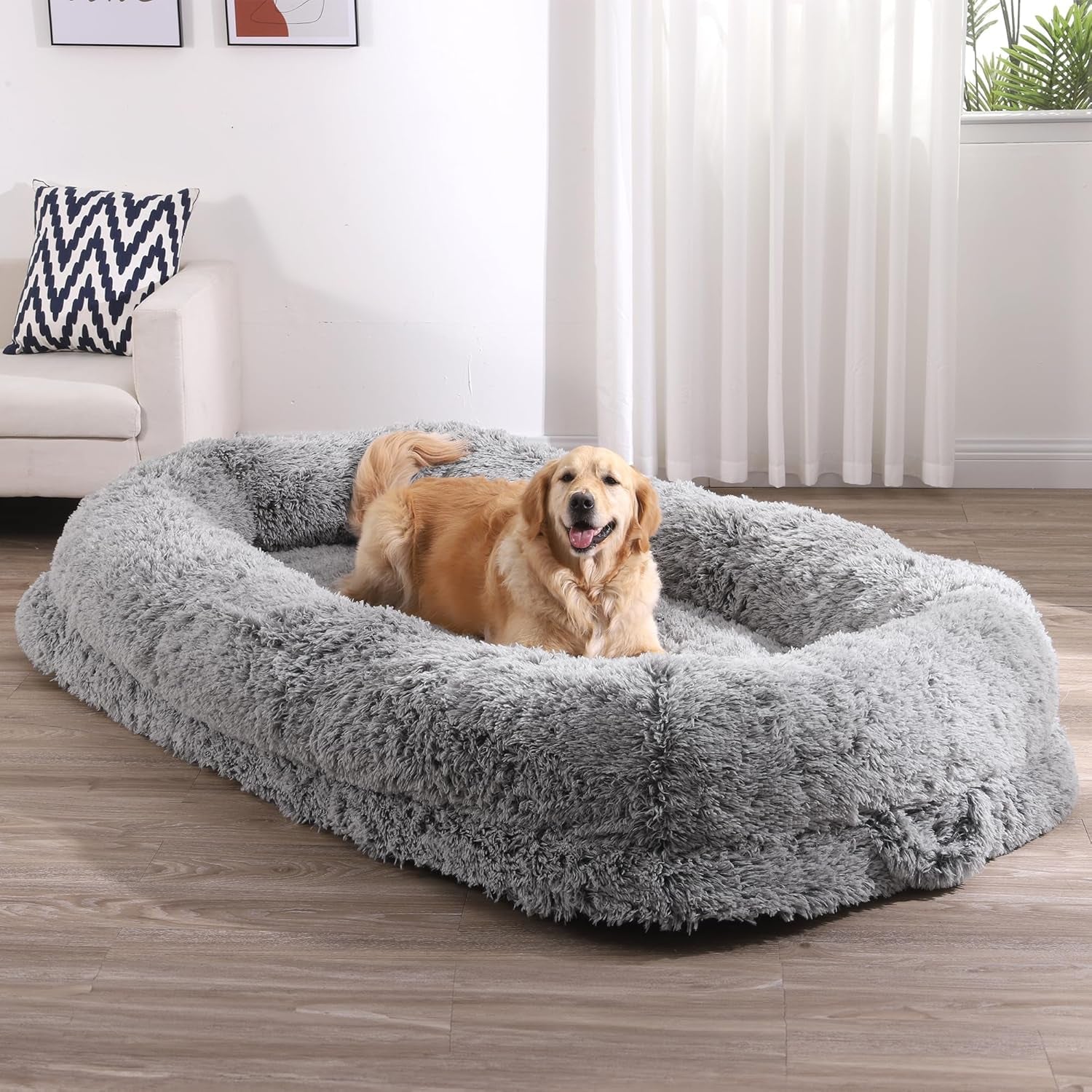 YITAHOME Extra Large Memory Foam Dog Bed - 79"X43" with Blanket & Pillow, Washable Fur Cover in Grey for Ultimate Comfort