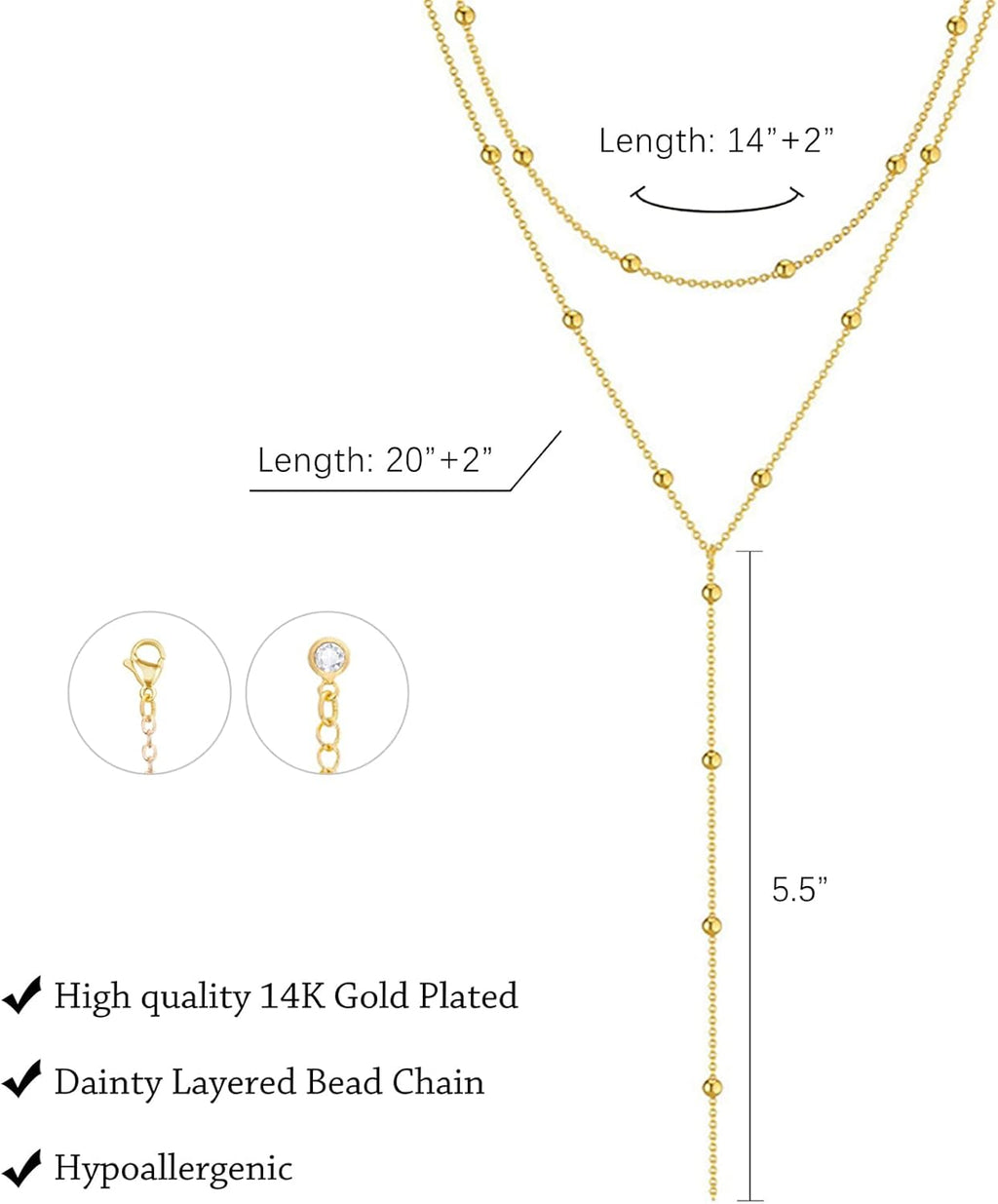 Trendy LULII Gold Lariat Y Necklace for Women - Dainty 14K Gold Plated/Silver Layered Beaded Drop Jewelry Gift