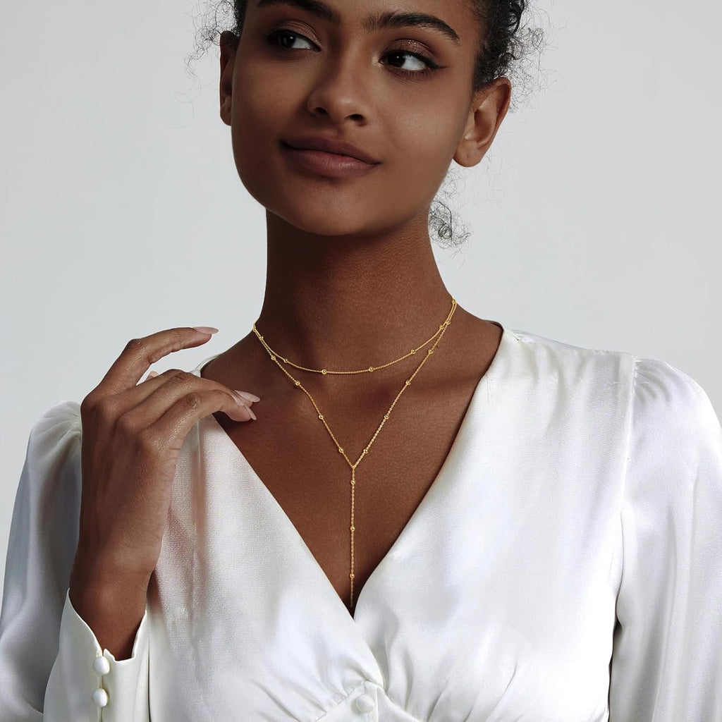 Trendy LULII Gold Lariat Y Necklace for Women - Dainty 14K Gold Plated/Silver Layered Beaded Drop Jewelry Gift