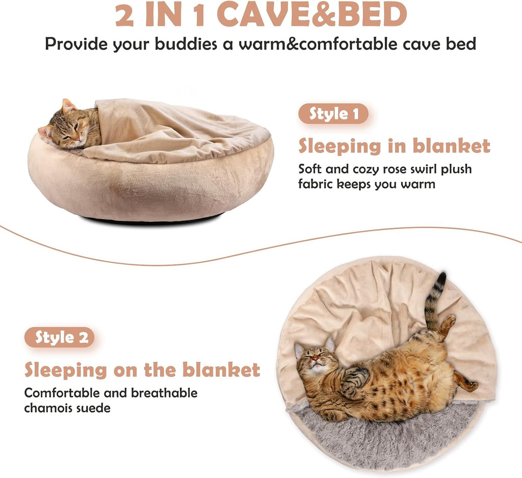 Cozy Cuddler Hooded Pet Bed - Luxury Round Dog & Cat Bed with Anti-Anxiety Burrow Cave, 23 Inch, Machine Washable, Anti-Slip Bottom