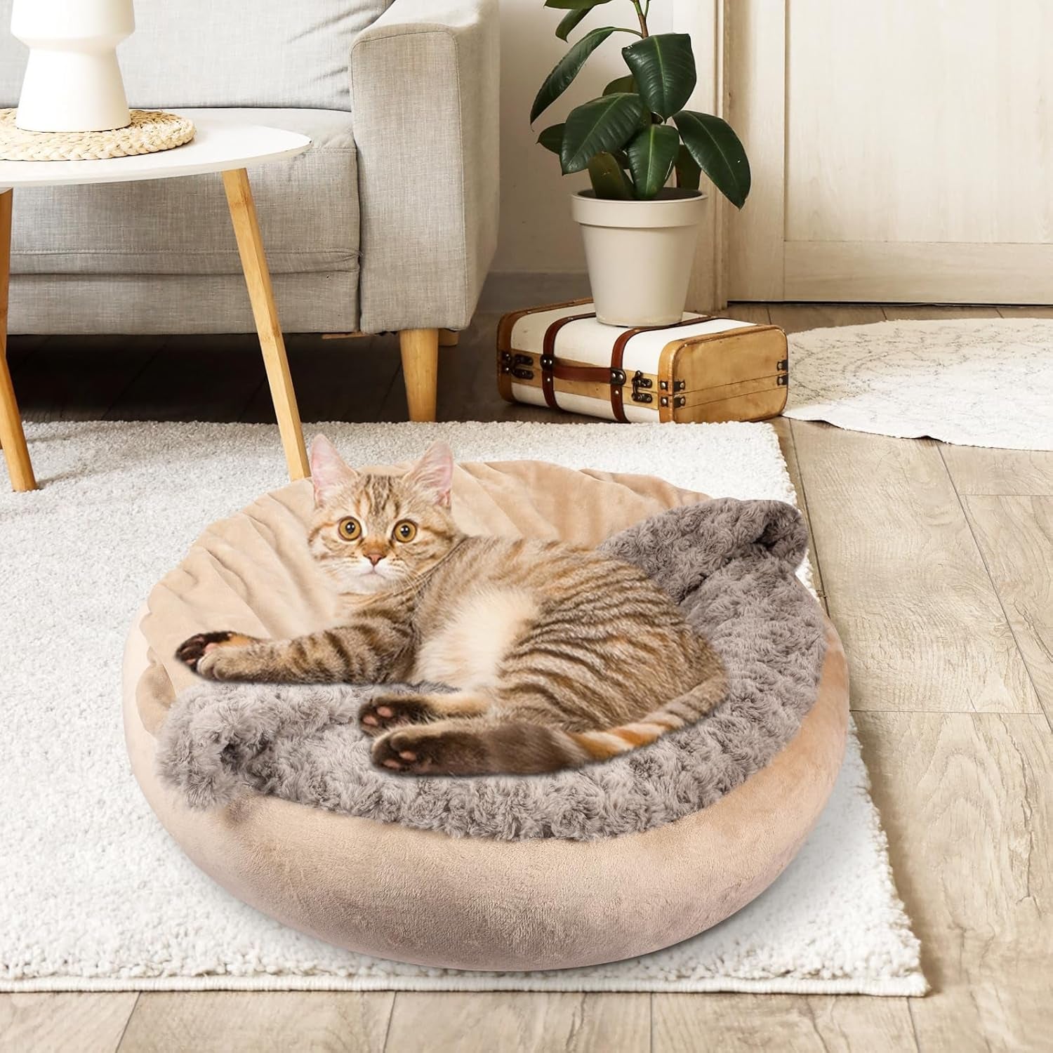 Cozy Cuddler Hooded Pet Bed - Luxury Round Dog & Cat Bed with Anti-Anxiety Burrow Cave, 23 Inch, Machine Washable, Anti-Slip Bottom