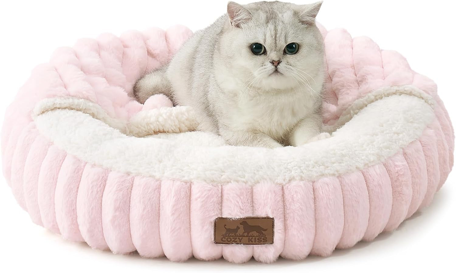 Cozy Kiss Fluffy Donut Cat Bed - 20" Round Hooded Blanket for Cats & Toy Dogs, Anti-Anxiety Faux Fur, Machine Washable, Non-Slip Bottom, Cream