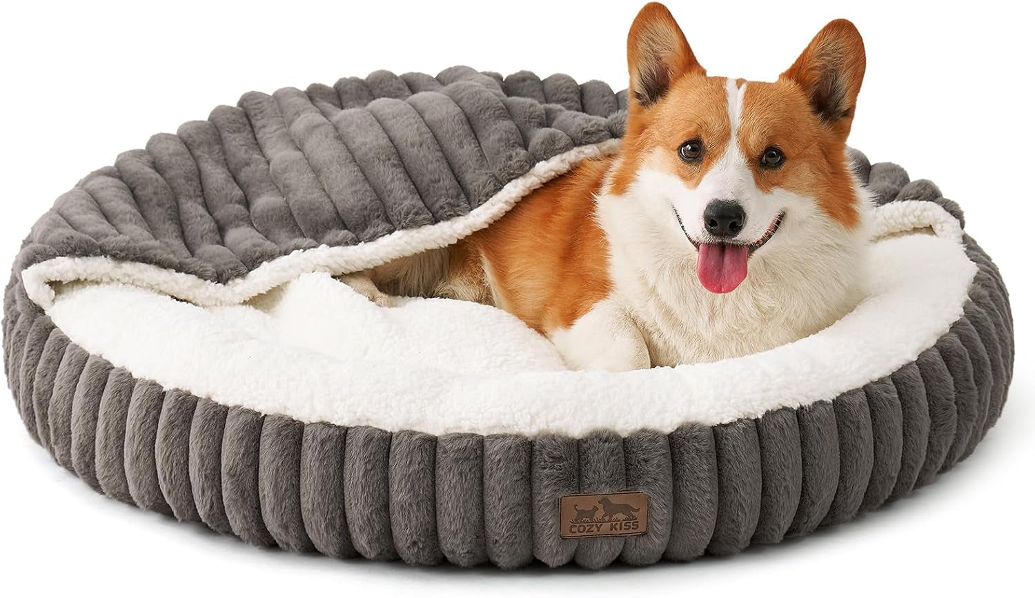 Cozy Kiss Fluffy Donut Cat Bed - 20" Round Hooded Blanket for Cats & Toy Dogs, Anti-Anxiety Faux Fur, Machine Washable, Non-Slip Bottom, Cream