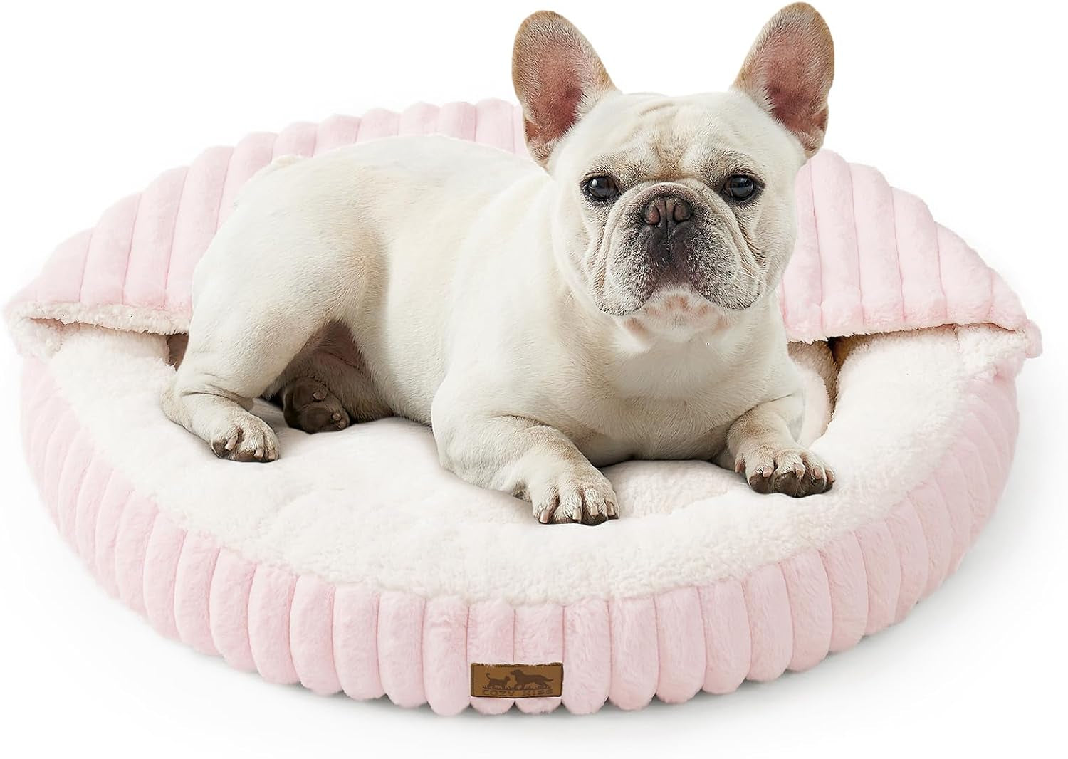 Cozy Kiss Fluffy Donut Cat Bed - 20" Round Hooded Blanket for Cats & Toy Dogs, Anti-Anxiety Faux Fur, Machine Washable, Non-Slip Bottom, Cream